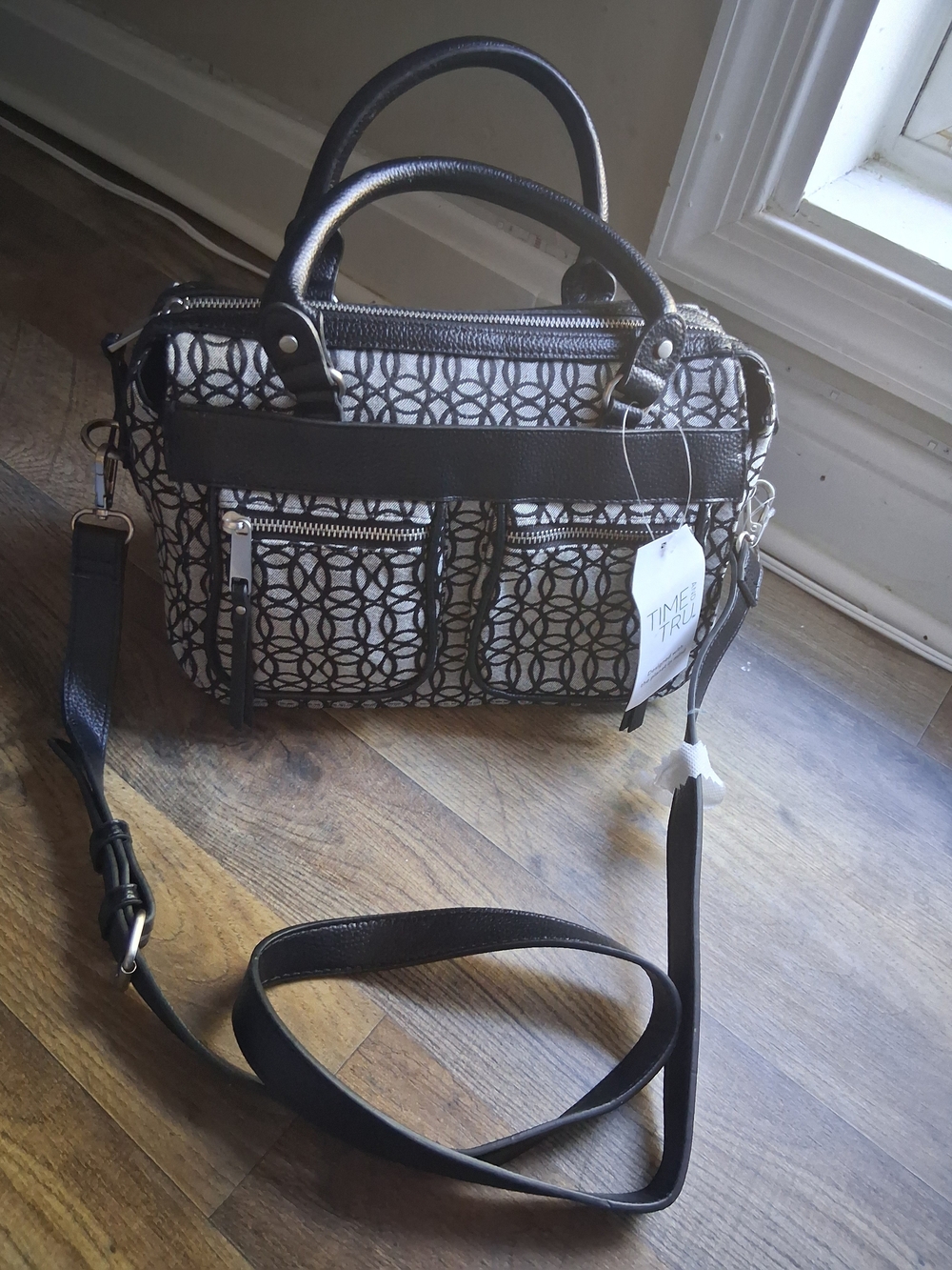 Time and Tru Black & Cream Patterned Satchel with Removable Strap